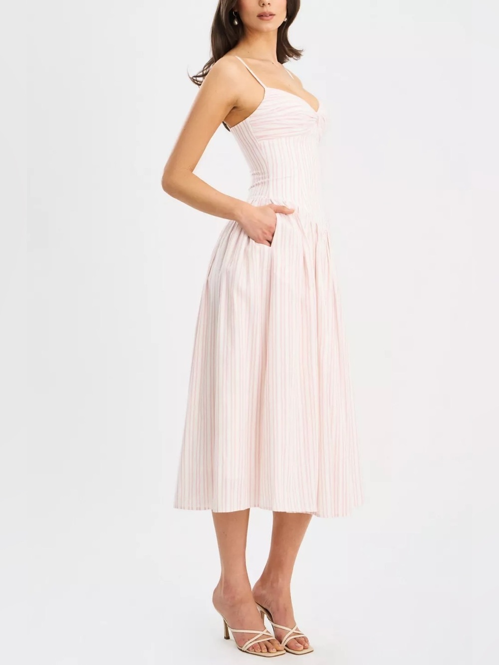 Zania Pink Stripe Ruched Breast Cotton Midi Dress Small NEW in bag - Picture 4 of 10
